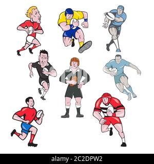 Insieme o collezione di cartoni animati stile mascotte personaggio illustrazione di rugby Union o rugby campionato giocatore di corsa, passando palla di maialino su bianco isolato Foto Stock