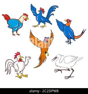 Insieme o raccolta di cartoni animati stile mascotte personaggio illustrazione di uccelli o uccelli come pollo, cockerel, gallo, fagiano, gru o airone su isola Foto Stock