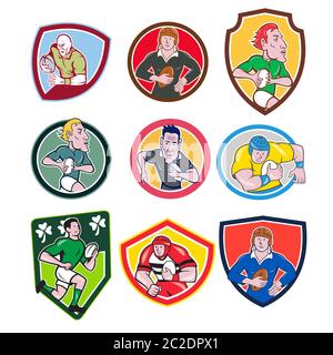 Insieme o collezione di cartoon personaggio mascotte illustrazione stile di rugby Union o rugby campionato giocatore di corsa, passando palla di maialino impostato in cerchio ico Foto Stock