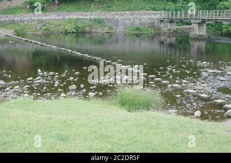 Bolton Abbey, Grass, North Yorkshire, Wharfedale, River Wharfe, Pebbles, Stones passo, oltre, ponte pedonale Foto Stock