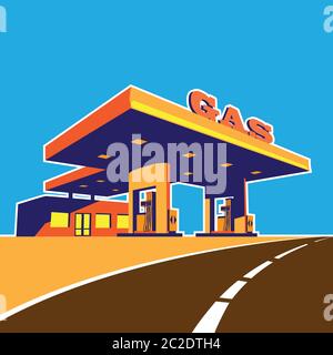 Illustrazione vettoriale stilizzata sul tema della moderna stazione di benzina sull'autostrada Illustrazione Vettoriale