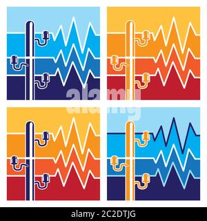 Illustrazione vettoriale stilizzata sul tema delle linee elettriche ad alta tensione, del settore energetico. Icone, segnali di avvertimento, simbolo di alta tensione o pericolo Illustrazione Vettoriale