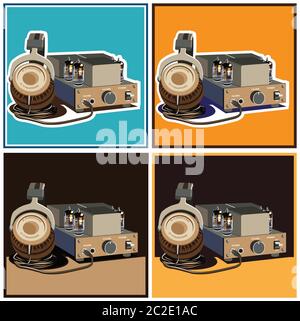 composizione vettoriale stilizzata sul tema di altoparlanti, amplificatori, ricevitori, cuffie, ecc. amplificatore e cuffie retro-lampada Illustrazione Vettoriale