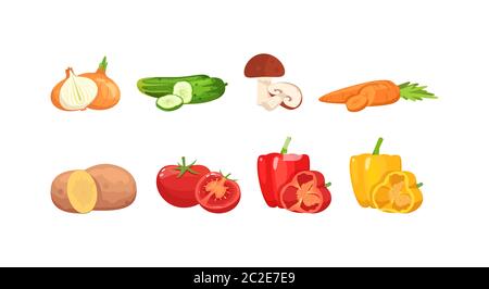 Set di illustrazioni colore RGB semidisparate per verdure di alta qualità. Ingredienti per insalata vegana. Peperoni di colore diverso. Prodotti alimentari ecologici isolati c Foto Stock