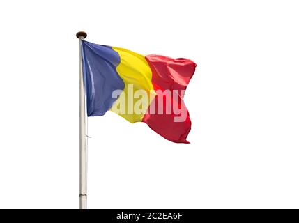 Bandiera rumena sull'albero isolato su sfondo bianco Foto Stock