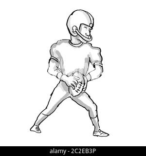 Lo stile del fumetto illustrazione di un giocatore di football americano fatto in bianco e nero isolato su sfondo bianco Foto Stock