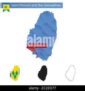 Saint Vincent e Grenadine blu basso Poly mappa con capitale Kingstown, versioni con bandiera, nero e profilo. Illustrazione vettoriale. Illustrazione Vettoriale