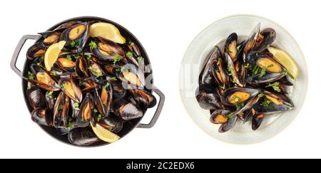 Le cozze bollite in una padella e su un piatto, isolate su bianco Foto Stock