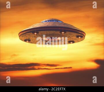 Oggetto Volante non Identificato. UFO con percorso di clipping incluso. 3D illustrazione con maschera di ritaglio. Foto Stock