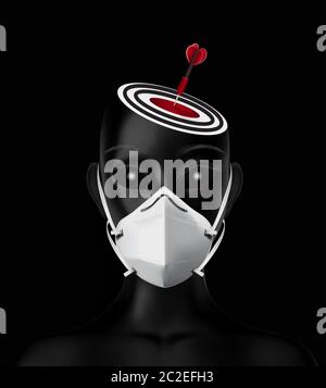 Testa umana realistica in maschera medica con bersaglio alla testa. Obiettivo raggiunto. Concetto di inquinamento dell'informazione. Concetto di libertà di parola. Foto Stock