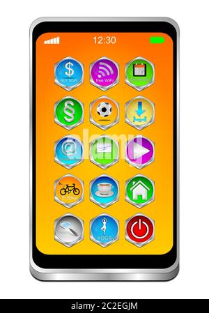 Smartphone con diverse applicazioni sul desktop arancione - illustrazione 3D Foto Stock