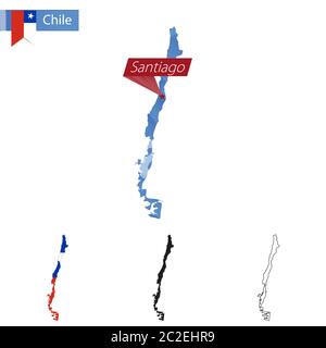Cile blu basso Poly mappa con capitale Santiago, quattro versioni della mappa. Illustrazione vettoriale. Illustrazione Vettoriale