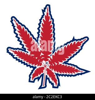 Un tipico Cannabis leaf in bianco e rosso bandiera blu colori isolati su sfondo bianco Foto Stock