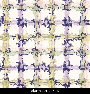 Lilac shibori tie colorante rotto plaid griglia sfondo. Stampa cerata a motivo senza cuciture resistente allo sfondo sbiancato. Tessuto batik tinto per immersione irregolare Illustrazione Vettoriale