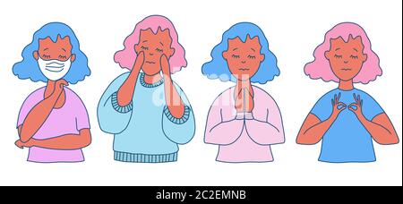 Insieme di carino vettore persone con occhi chiusi etnia. Donne con pelle scura in diversi vestiti, diverse pose e gesti. Preghiere, yoga, viso Illustrazione Vettoriale