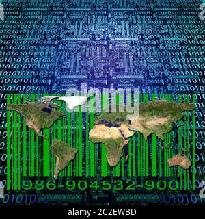 Codice binario, mappa del mondo e il codice a barre Foto Stock
