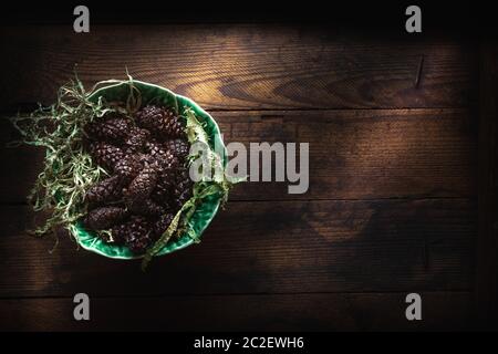 Olio di cedro e coni di pino su un fondo di legno scuro grugnoso Foto Stock