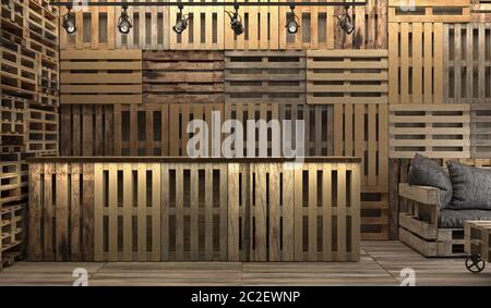 Pallets in legno dal design creativo. Hall con reception in europallets. Rendering 3D con spazio di copia. Foto Stock