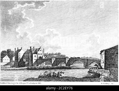 Un'incisione di Chester Bridge 1 marzo 1772 scansionata ad alta risoluzione da un libro pubblicato nel 1770. Creduto esente da copyright. Foto Stock