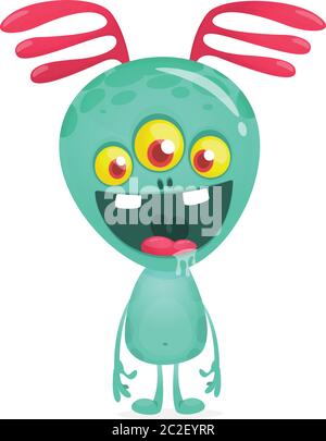 Alieno cartoon con grande antenna e tre occhi. Illustrazione vettoriale Illustrazione Vettoriale