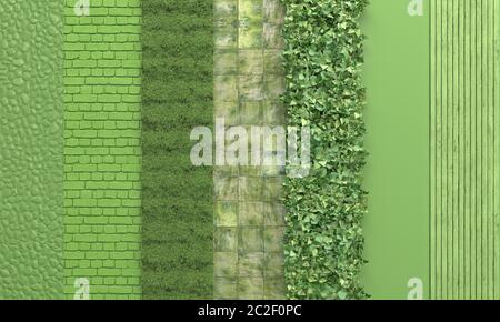 Parete verde con serie di trame di pietra, muratura in mattoni, erba, piastrelle, asse di legno, giardinaggio verticale. Sfondo verde. Rendering 3D Foto Stock