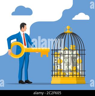 Uomo d'affari che tiene la chiave vicino alla gabbia dell'uccello piena di monete e banconote. Soluzione, vincente, futuro, successo aziendale. Chiave per aprire la porta di grandi opportunità. Raggiungimento e obiettivo. Illustrazione vettoriale piatta Illustrazione Vettoriale