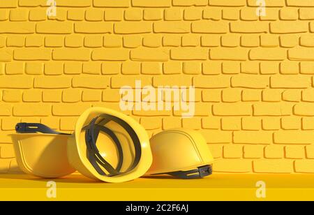 Casco giallo di costruzione su sfondo di una parete di mattoni gialli. Illustrazione monocromatica con spazio per la copia. Uniforme da lavoro per costruttori. Rendering 3D Foto Stock