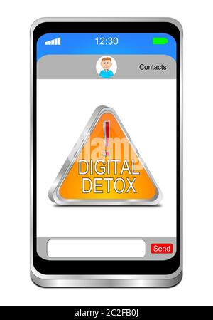 Smartphone moderno con Digital Detox - Social Media Sign su desktop bianco - illustrazione 3D Foto Stock