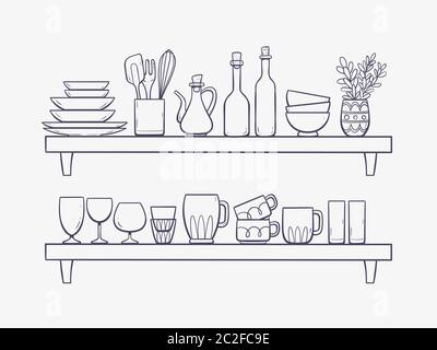 Forniture per cucina su ripiani. Due ripiani con ciotole, bottiglie, un'aroccia, bicchieri, tazze e altri prodotti da cucina. Illustrazione vettoriale disegnata a mano isolata Illustrazione Vettoriale