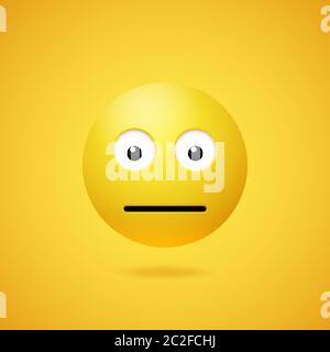 Emoticon neutro giallo vettoriale con occhi aperti e bocca su sfondo bianco. Divertente cartone animato poker faccia Emoji icona. Illustrazione 3D per chat o messaggi Illustrazione Vettoriale
