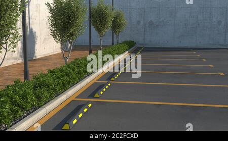 Parcheggio auto vuoto senza auto. Posti auto, marciapiede per pedoni con letto a fiori. Rendering 3D. Foto Stock