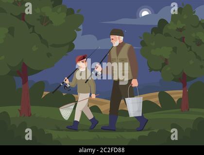 Famiglia andare pesca in serata semi piatto vettore illustrazione. Stile di vita rurale. Attività estiva in villaggio. Nipote con nonno con canna da pesca Illustrazione Vettoriale