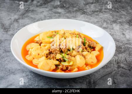 Tofu mapo, piatto popolare cinese. La ricetta classica consiste in tofu di seta, maiale macinato o manzo e pepe di Sichuan per citare il nome Foto Stock