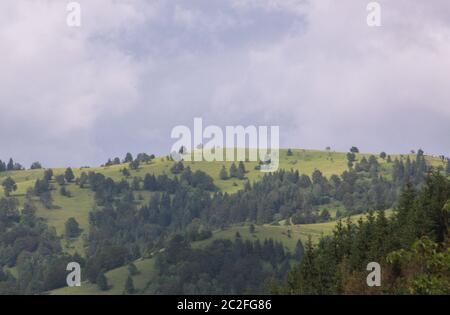 Montagna verde e cielo nuvoloso scena Transilvania. Lacu Rosu è una destinazione turistica molto apprezzata in Romania, vicino a Cheile Bicazului e al Monte Ceahlau Foto Stock