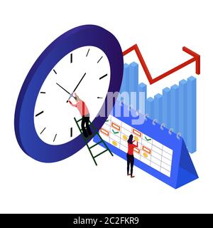 concetto di gestione del tempo isometrico. l'uomo in rosso corregge l'ora dell'orologio blu. illustrazione vettoriale isolata su bianco Illustrazione Vettoriale