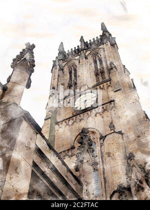 un dipinto acquerello della torre e orologio di leeds minster ex chiesa parrocchiale della città Foto Stock