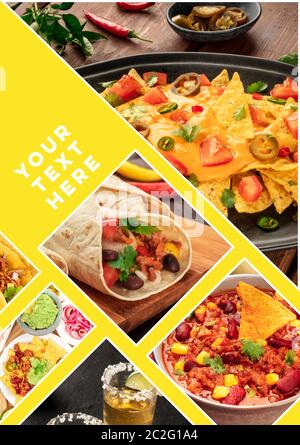 Modello di disegno del collage di cibo messicano. Un layout per una copertina del menu del ristorante, un banner, un poster, un volantino, ecc, con un posto per il testo Foto Stock
