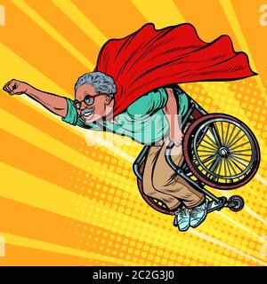 L'uomo africano supereroe in pensione disabili in sedia a rotelle. La salute e la longevità delle persone anziane. La Pop art retrò illustrazione vettoriale disegno kitsch vintage Foto Stock
