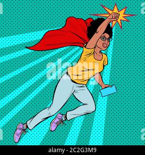 Donna africana la nonna supereroe battenti attivo pensionato forte signora anziana. La Pop art retrò illustrazione vettoriale disegno kitsch vintage Foto Stock