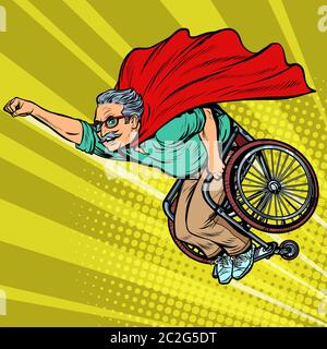 Uomo supereroe in pensione disabili in sedia a rotelle. La salute e la longevità delle persone anziane. La Pop art retrò illustrazione vettoriale disegno kitsch vintage Foto Stock