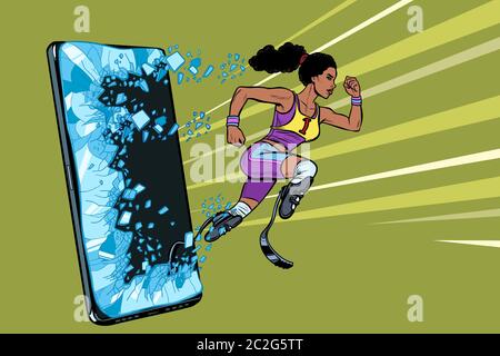 Donna africana runner gamba disabili con protesi gadget telefono dello smartphone. Internet Online application service program. La Pop art vettore retrò illustrat Foto Stock