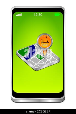 Smartphone con puntatore mappa con e-Scooter su desktop verde - illustrazione 3D Foto Stock