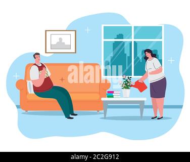 rimani a casa, coppia facendo attività, quarantena o isolamento Illustrazione Vettoriale