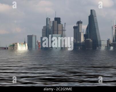 immagine concettuale manipolata della città di londra con edifici allagati a causa del riscaldamento globale e dell'aumento del livello del mare Foto Stock