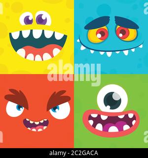 Set di volti mostro cartoon. Insieme vettoriale di quattro volti mostro di Halloween con espressioni diverse. Illustrazioni o decorazioni per feste per bambini Illustrazione Vettoriale