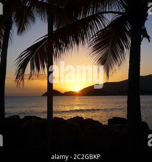 Tramonto incredibile a Curtain Bluff, Antigua, Caraibi - palme e calmo mare guardando il sole scendere nella vacanza migliore Foto Stock