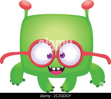 Mostro di cartone animato divertente con occhiali. Illustrazione vettoriale Illustrazione Vettoriale