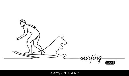 Profilo della silhouette del surfer. Navigazione semplice vettore sfondo, illustrazione. Un disegno a linea continua e una scritta da surf Illustrazione Vettoriale