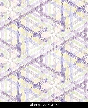 Lilac shibori tie colorante rotto plaid griglia sfondo. Stampa cerata a motivo senza cuciture resistente allo sfondo sbiancato. Tessuto batik tinto per immersione irregolare Illustrazione Vettoriale