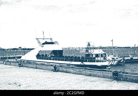 Terminale del carico-passeggero . Barche e yacht per il mare turismo.Mare paesaggio. Illustrazione Vettoriale